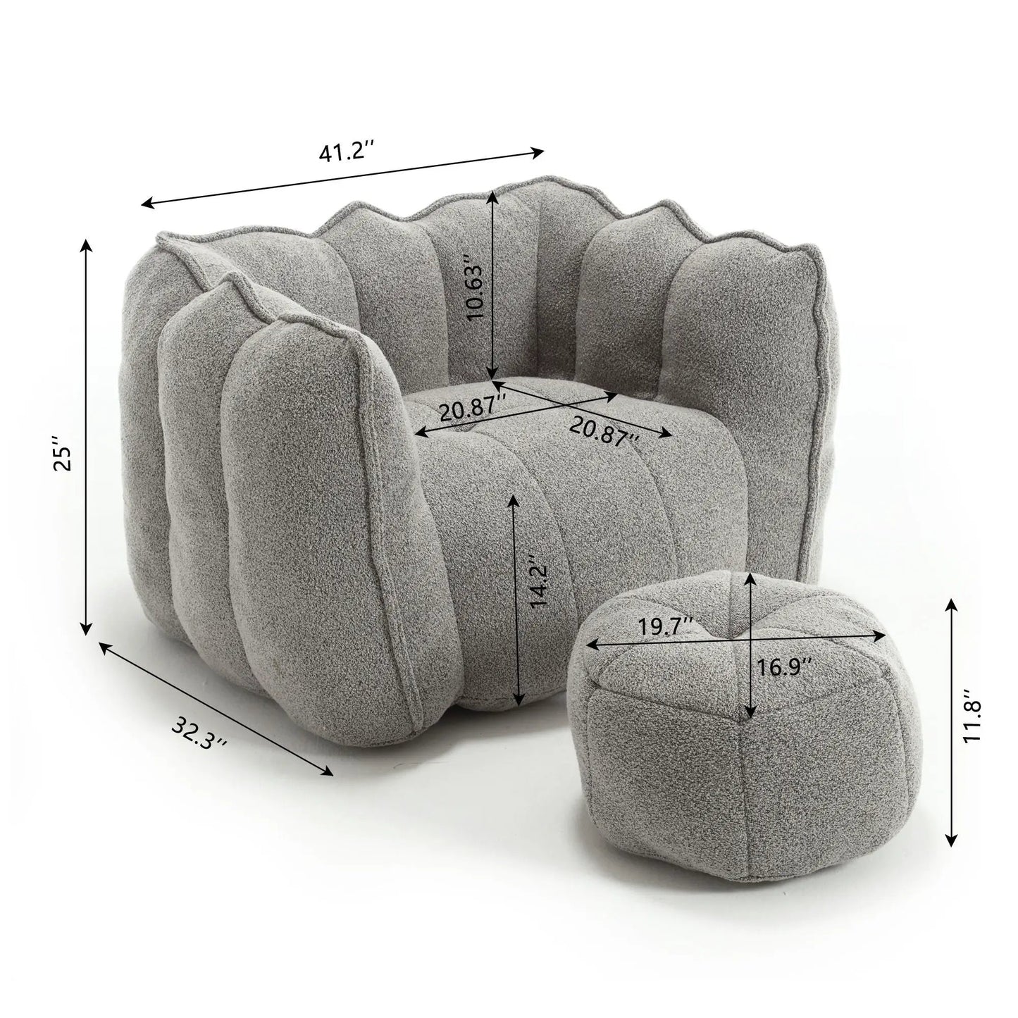 Soft bean bag chair with high resilient foam, gray fabric, stationary chair & ottoman on Tampa Home & Garden Store