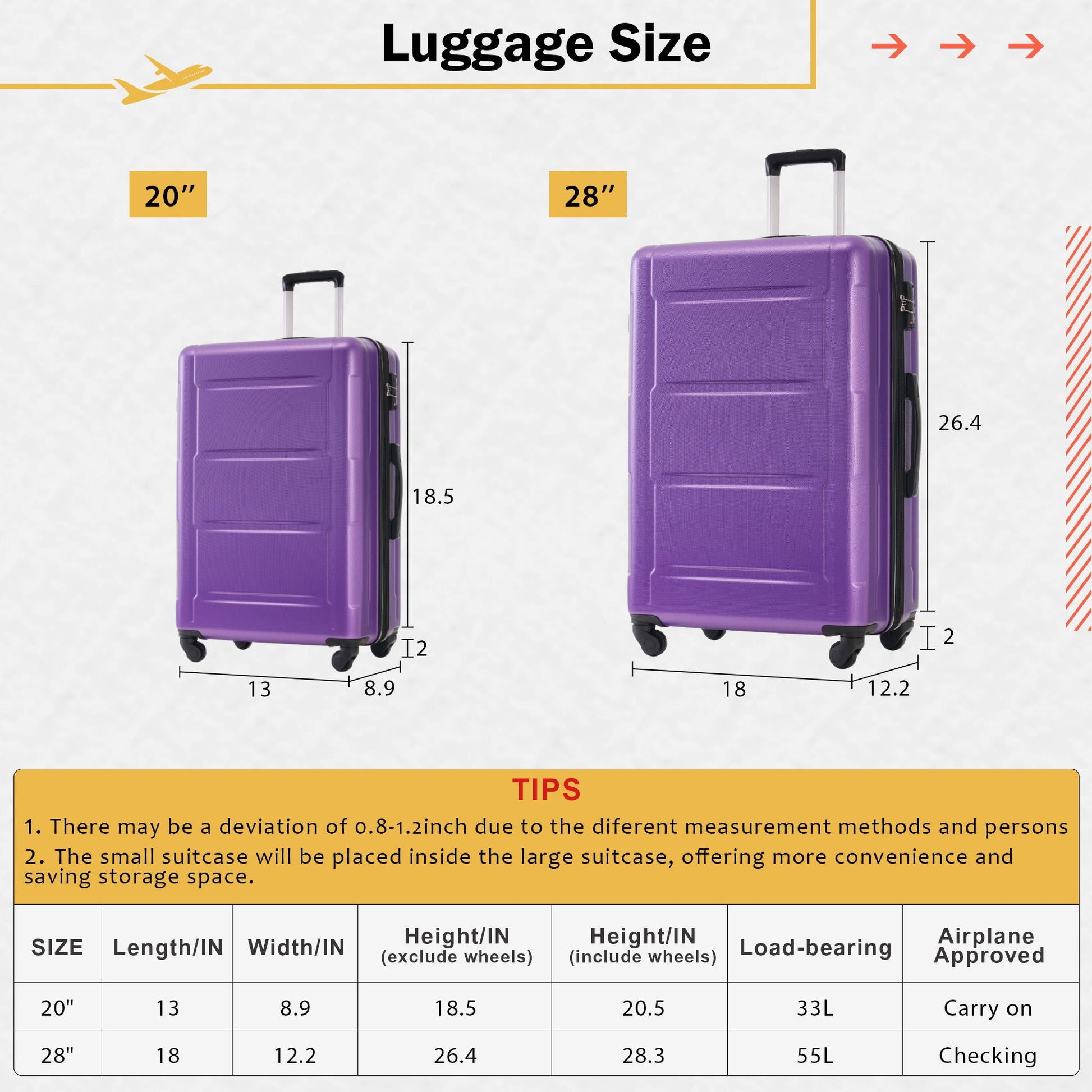 HouseOfZazla 2-piece purple ABS luggage set with 20in and 28in suitcases and spinner wheels on Tampa Home & Garden Store