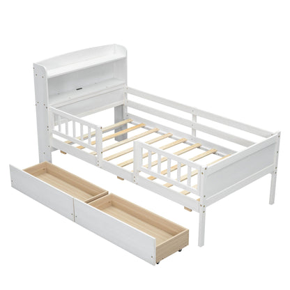 Platform bed with two under-bed drawers and guardrails, white finish by HouseOfZazla on Tampa Home & Garden Store