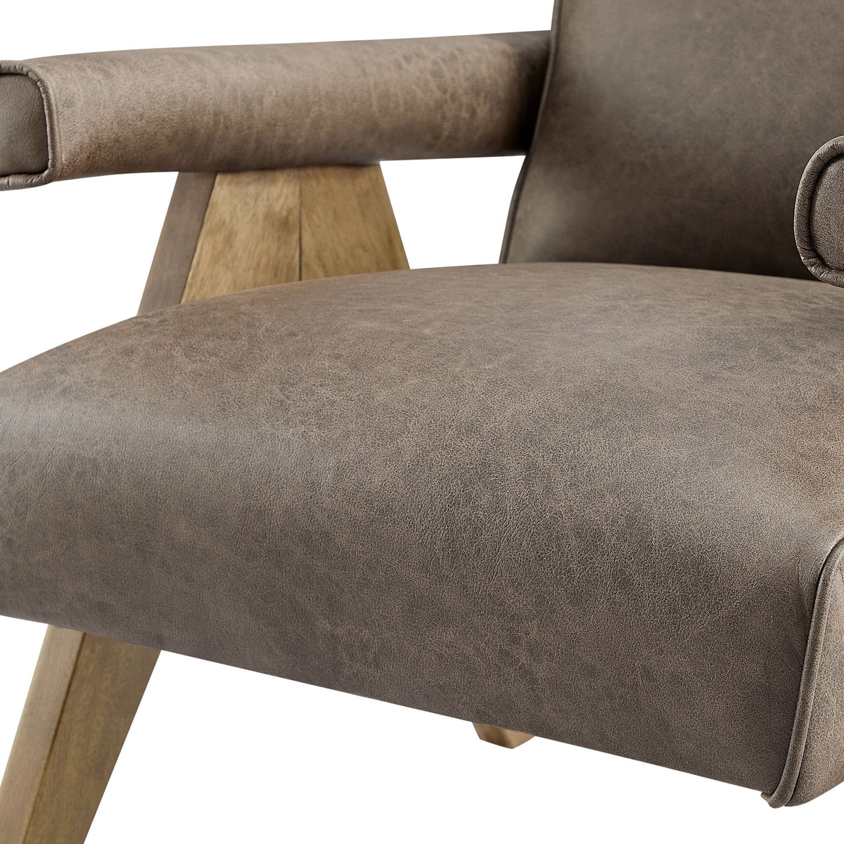 Nessi Arm Chair with solid wood A-frame in brown leatherette, padded armrest and wood legs on Tampa Home & Garden Store