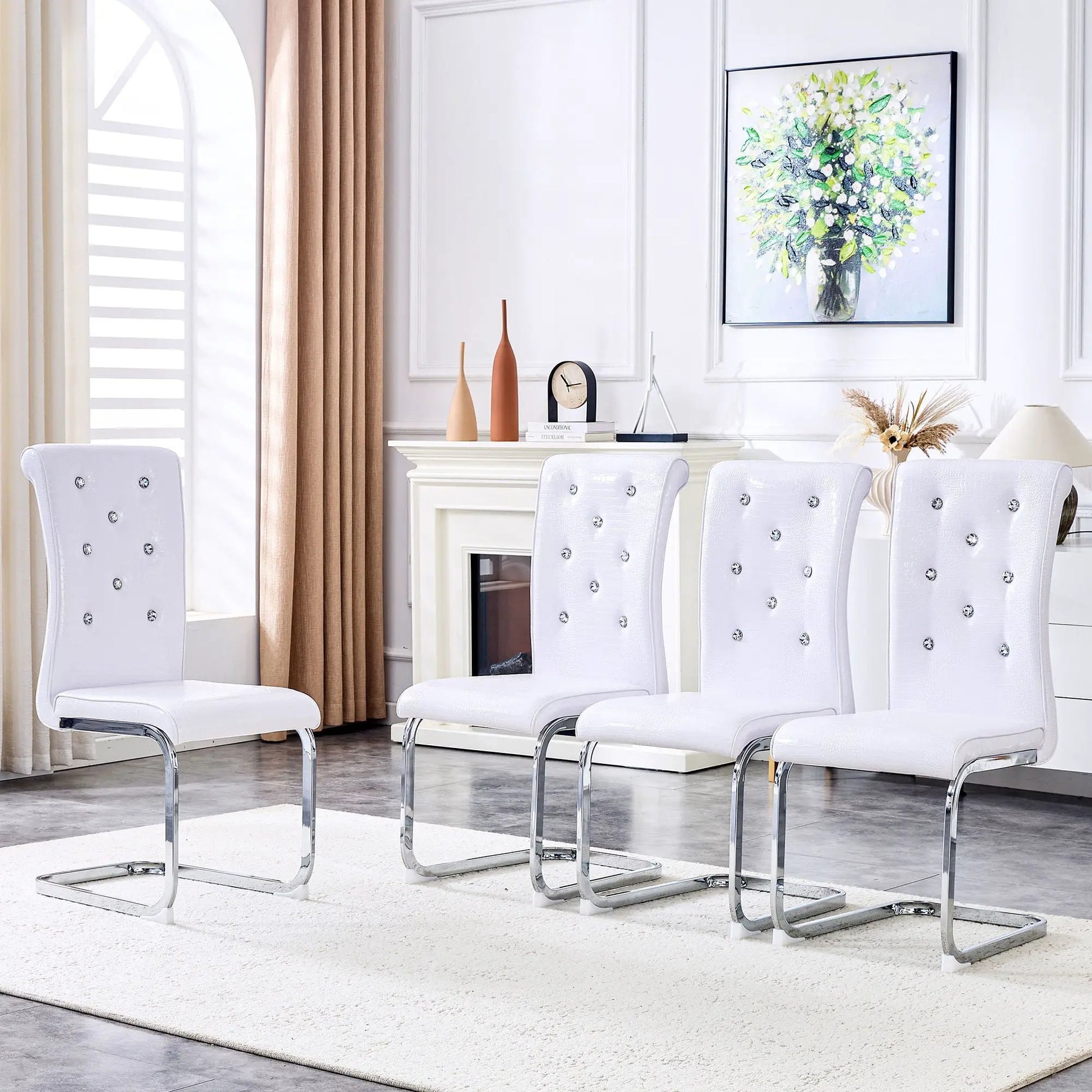Elegant Design Upholstered Dining Chairs white tufted seats chrome cantilever bases on Tampa Home & Garden Store
