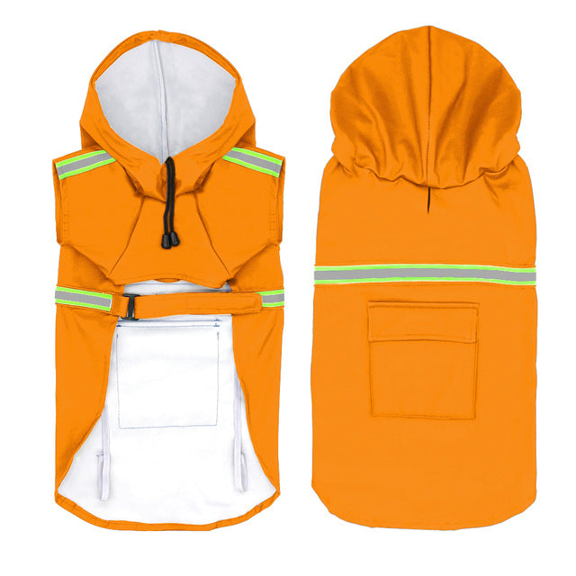 Pet Zen Waterproof Reflective Dog Raincoat, orange hooded with neon reflective stripes on Tampa Home & Garden Store