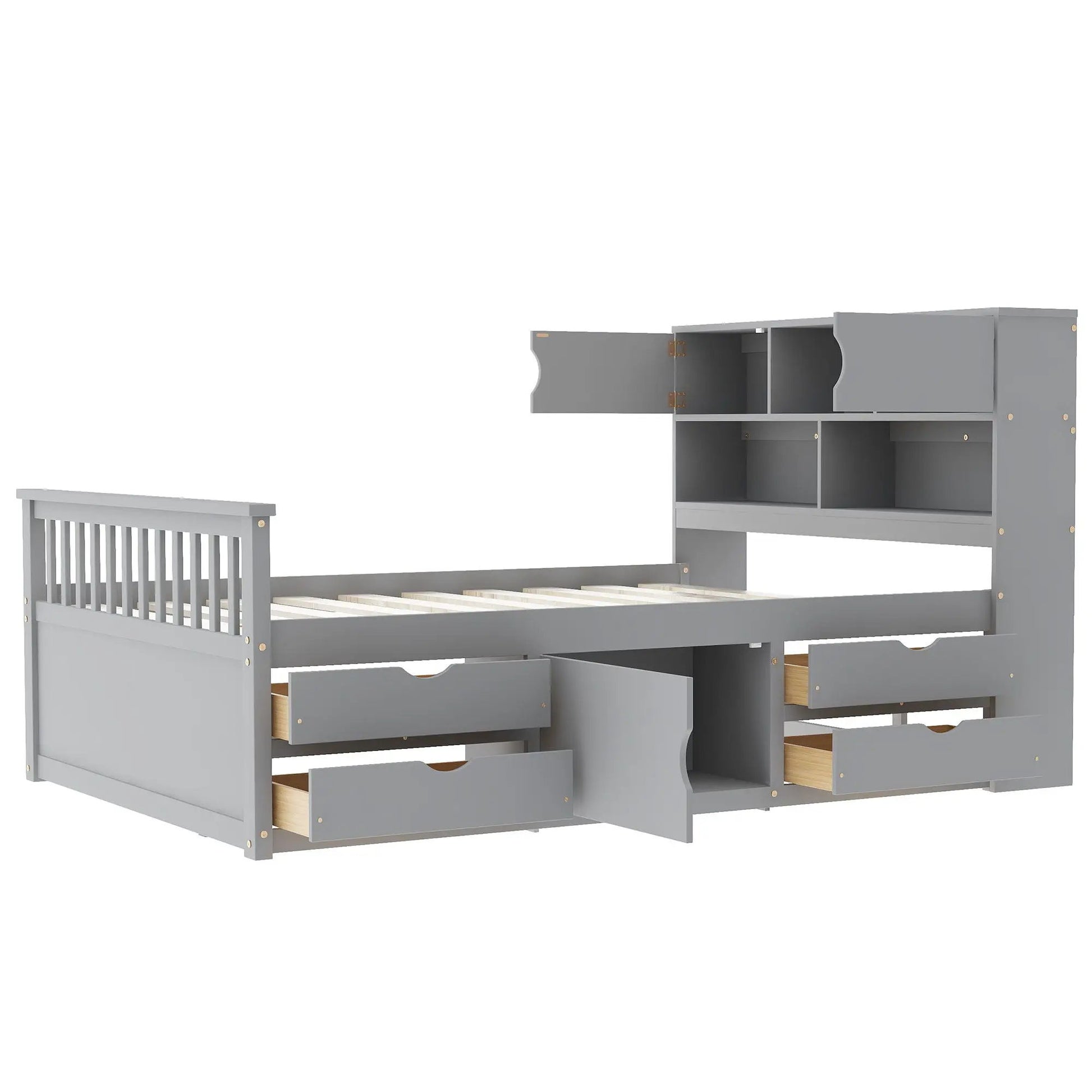 Captain Platform Bed Frame with Bookcase Headboard, 4 Drawers, gray finish on Tampa Home & Garden Store