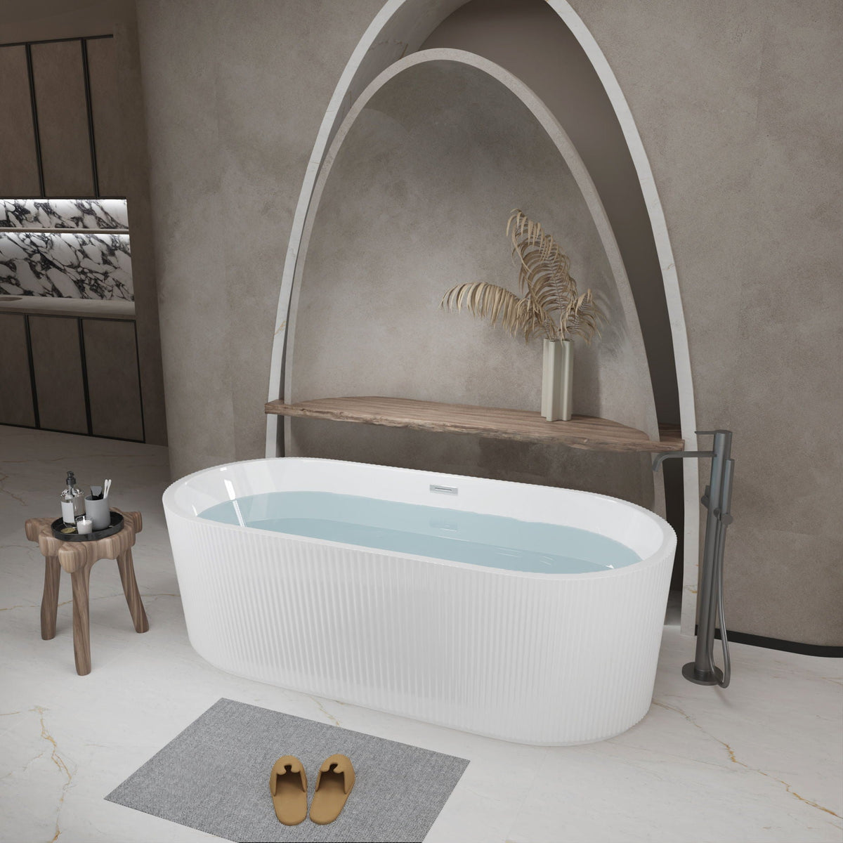 Modern double-wall freestanding soaker tub with white ribbed finish in a curved arch alcove on Tampa Home & Garden Store