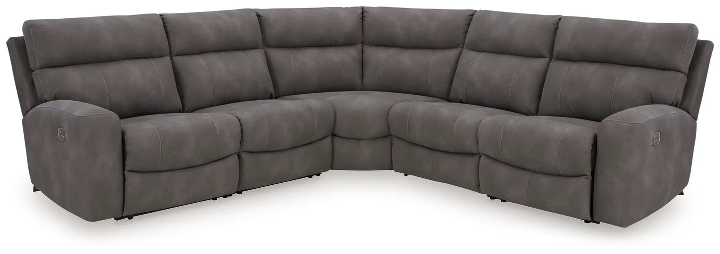 Next-Gen Durapella reclining sectional by Unique Piece Furniture in gray fabric, curved layout on Tampa Home & Garden Store