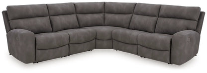 Next-Gen Durapella reclining sectional by Unique Piece Furniture in gray fabric, curved layout on Tampa Home & Garden Store