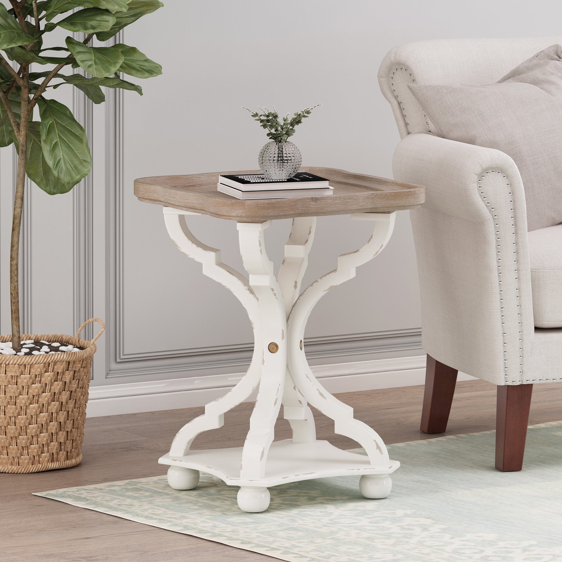 Accent table with hourglass base in distressed white and wood top French country design on Tampa Home & Garden Store