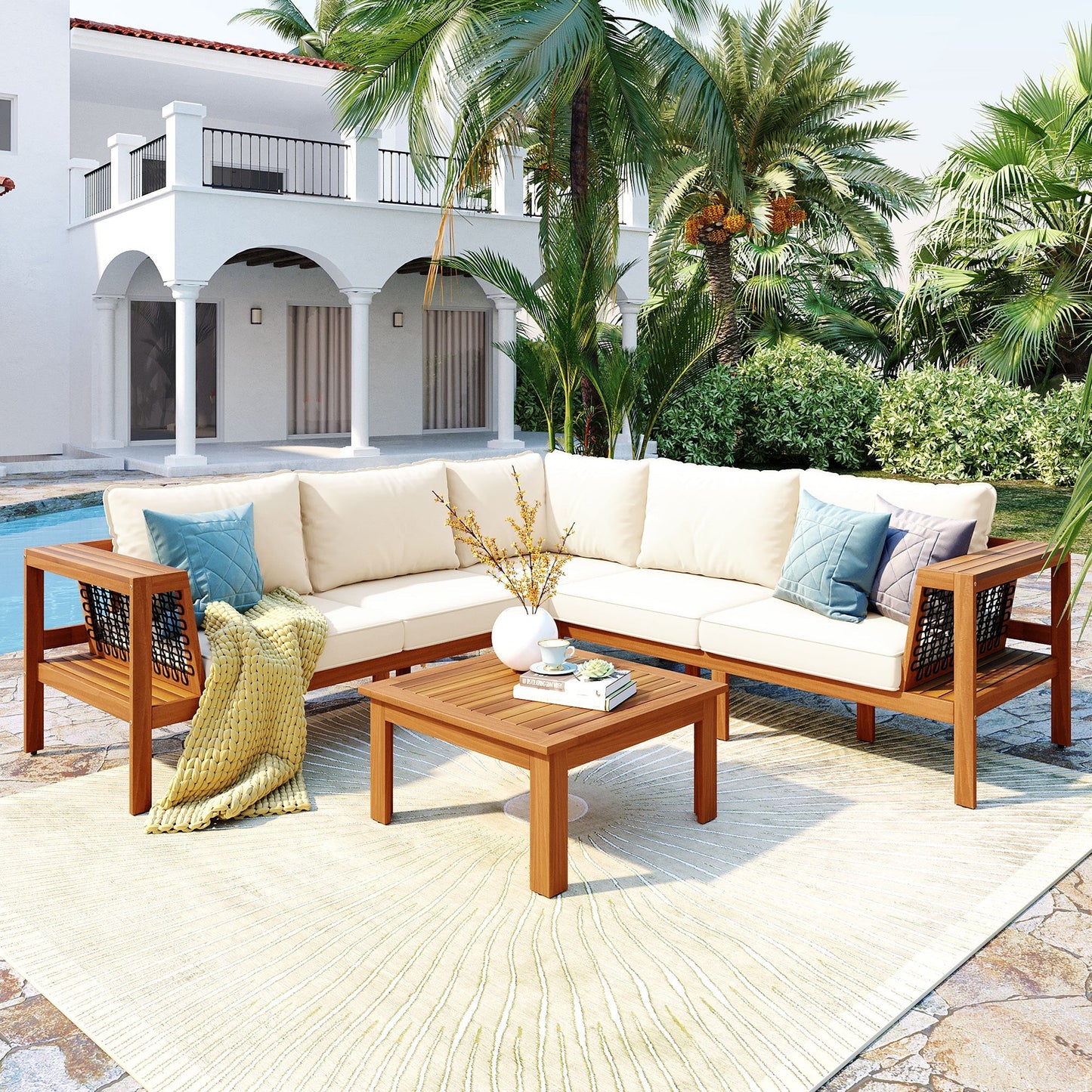 GO 4-Piece Outdoor Acacia Wood Sofa Set with Coffee Table by HouseOfZazla, natural wood frames on Tampa Home & Garden Store
