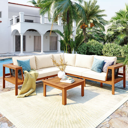 GO 4-Piece Outdoor Acacia Wood Sofa Set with Coffee Table by HouseOfZazla, natural wood frames on Tampa Home & Garden Store