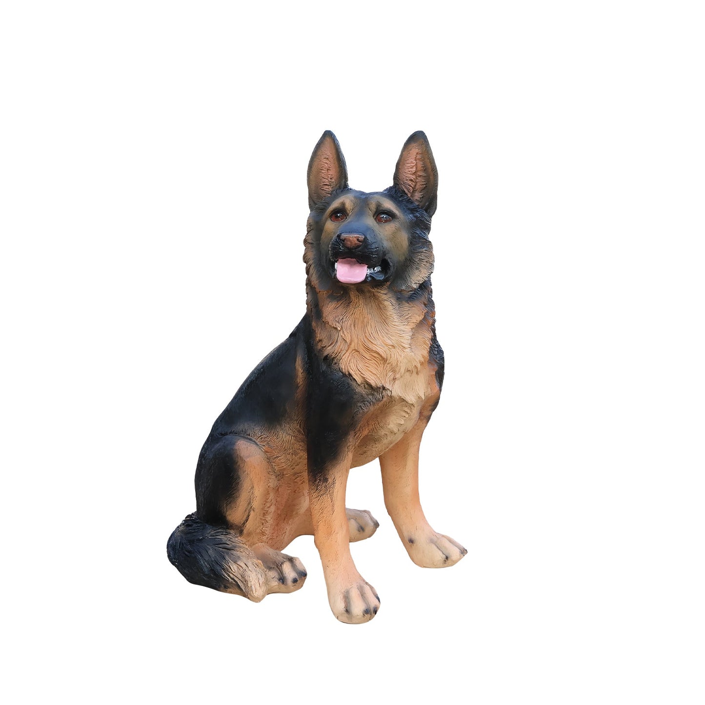 Outdoor German Shepherd garden statue, lifelike black and tan coloration, resin sculpture on Tampa Home & Garden Store