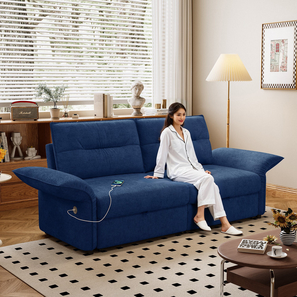 Multi-Functional 85-Inch Convertible Sofa Bed by HouseOfZazla in blue upholstery for living room on Tampa Home & Garden Store