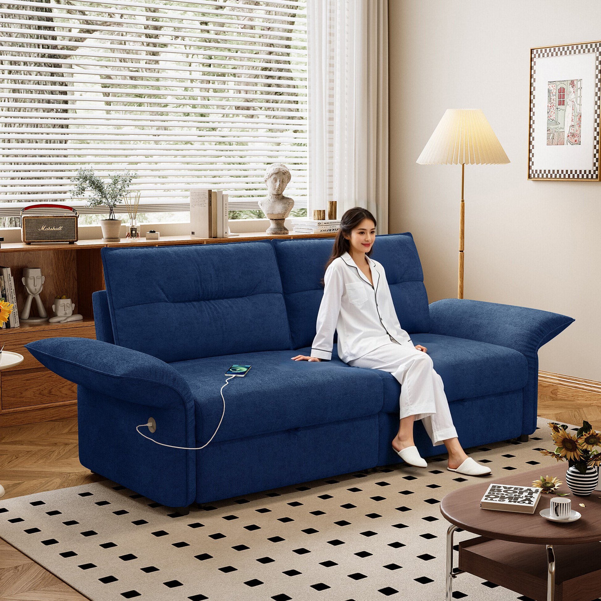 Multi-Functional 85-Inch Convertible Sofa Bed by HouseOfZazla in blue upholstery for living room on Tampa Home & Garden Store