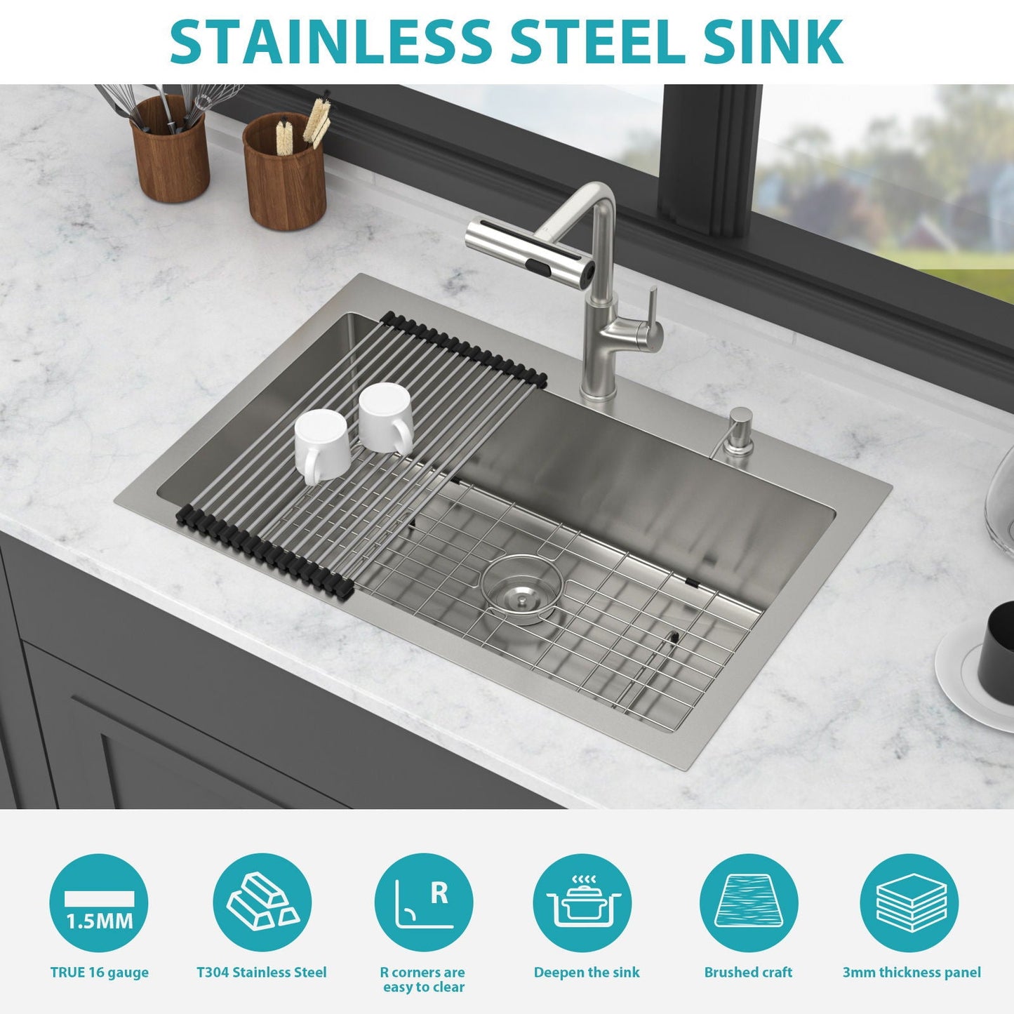 Stainless Steel Kitchen Sink with Faucet and Soap