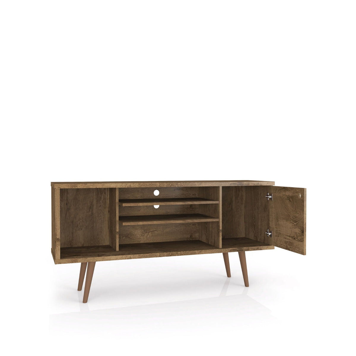 TV stand with solid wood legs in dark brown finish, open shelves and side cabinet by HouseOfZazla on Tampa Home & Garden Store