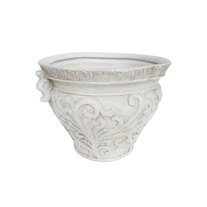 Largo planter white ceramic with ornate leaf and scroll relief on Tampa Home & Garden Store