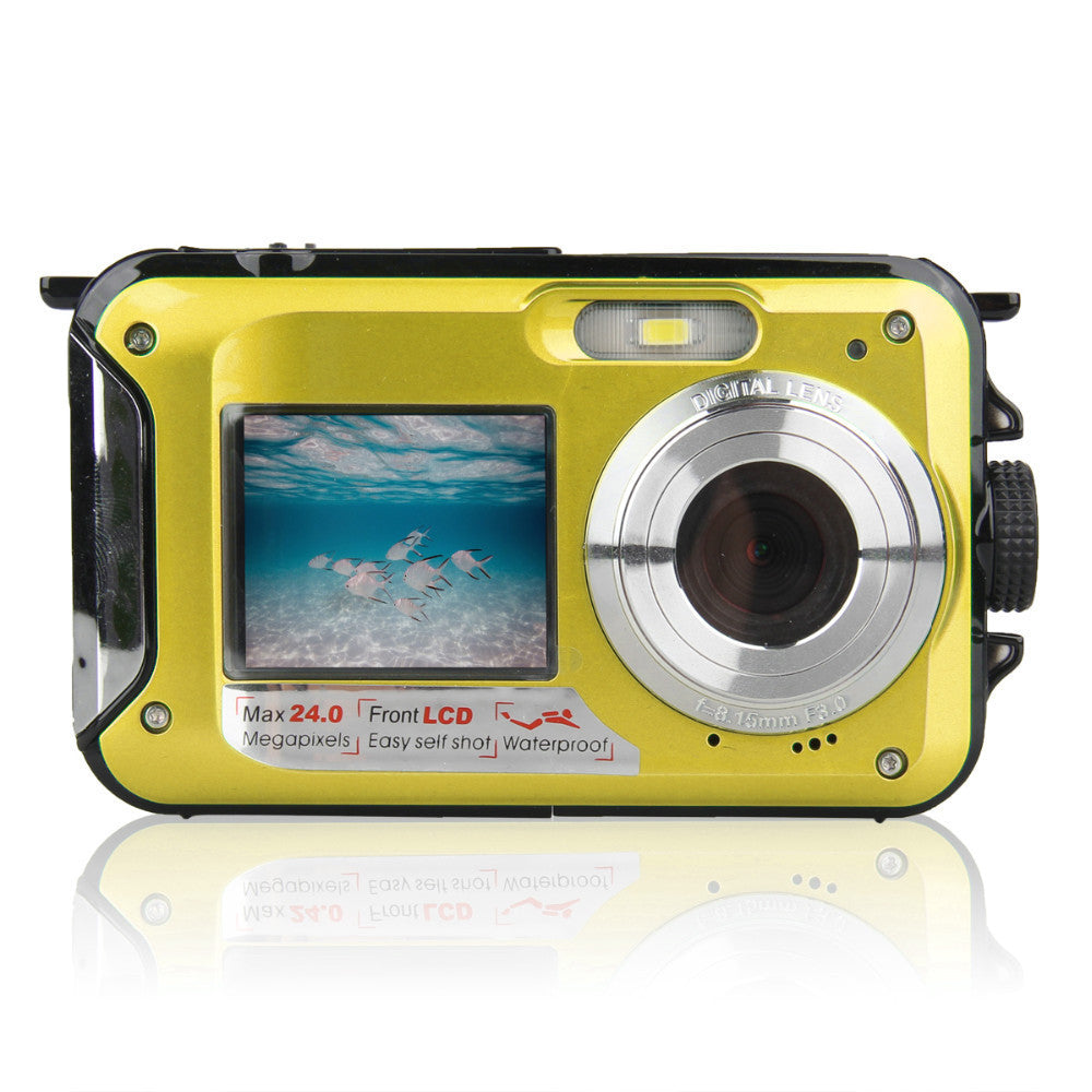 Dual-screen waterproof HD digital camera in bright yellow with front LCD and silver lens on Tampa Home & Garden Store