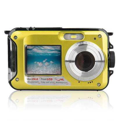 Dual-screen waterproof HD digital camera in bright yellow with front LCD and silver lens on Tampa Home & Garden Store