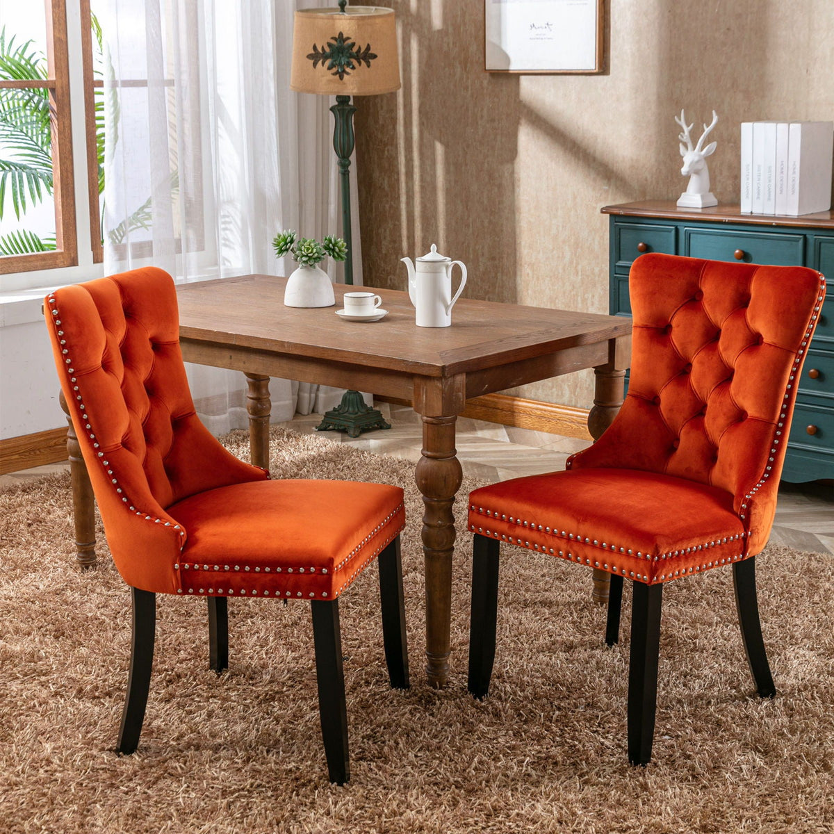 Tufted velvet dining chair set in orange with nailhead trim, 2 chairs by HouseOfZazla on Tampa Home & Garden Store