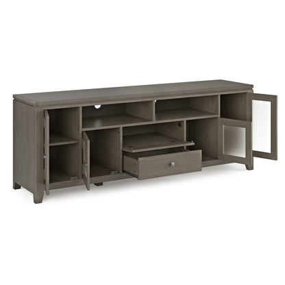 Wide handcrafted solid wood media stand with cubbies and drawers in gray HouseOfZazla TV stand on Tampa Home & Garden Store
