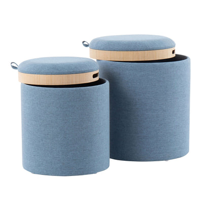 Nesting 2-piece ottoman set with flip-top lids blue fabric and wood base HouseOfZazla on Tampa Home & Garden Store