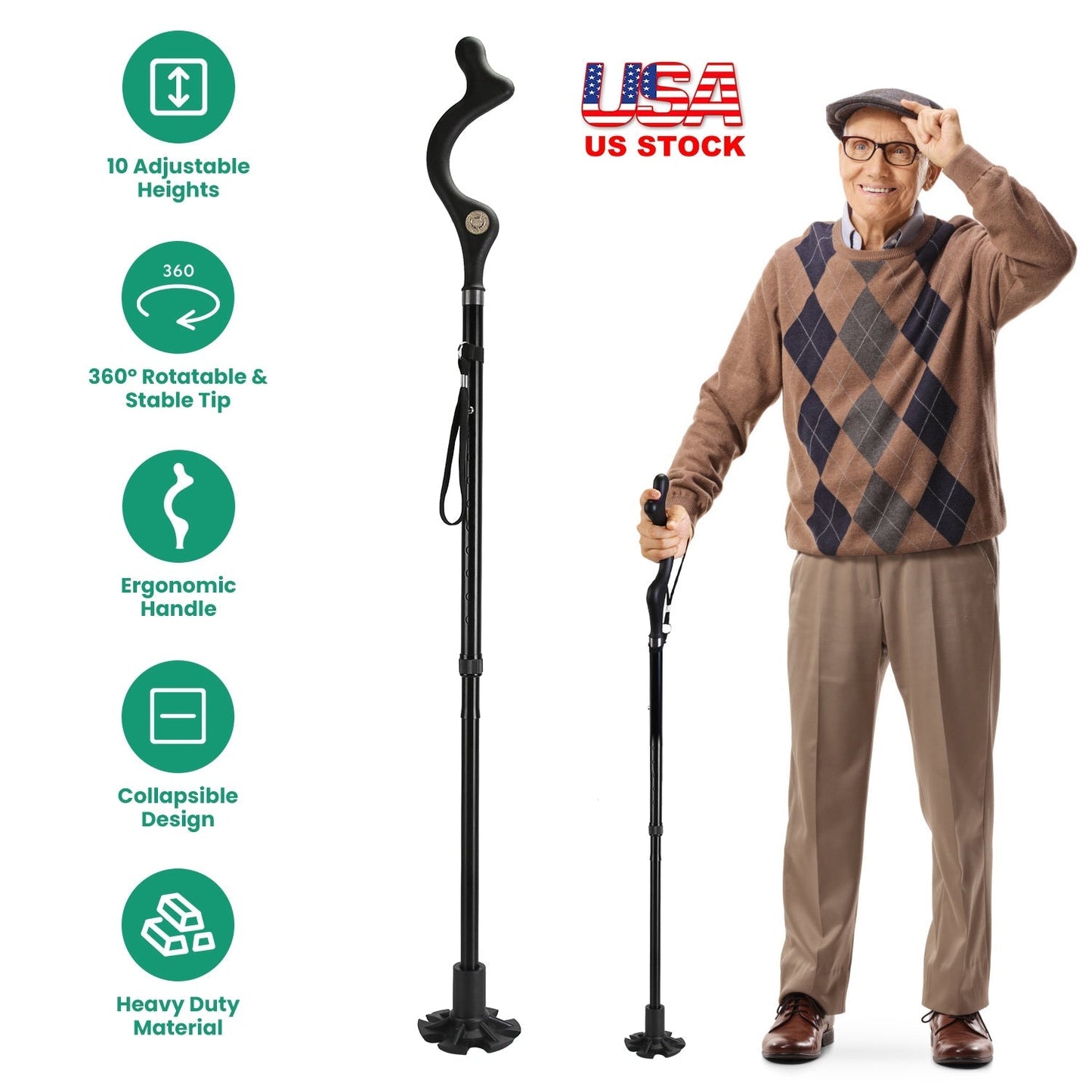 GemGear Posture Walking Canes, black ergonomic handle, 10-height adjustable, collapsible on Tampa Home & Garden Store