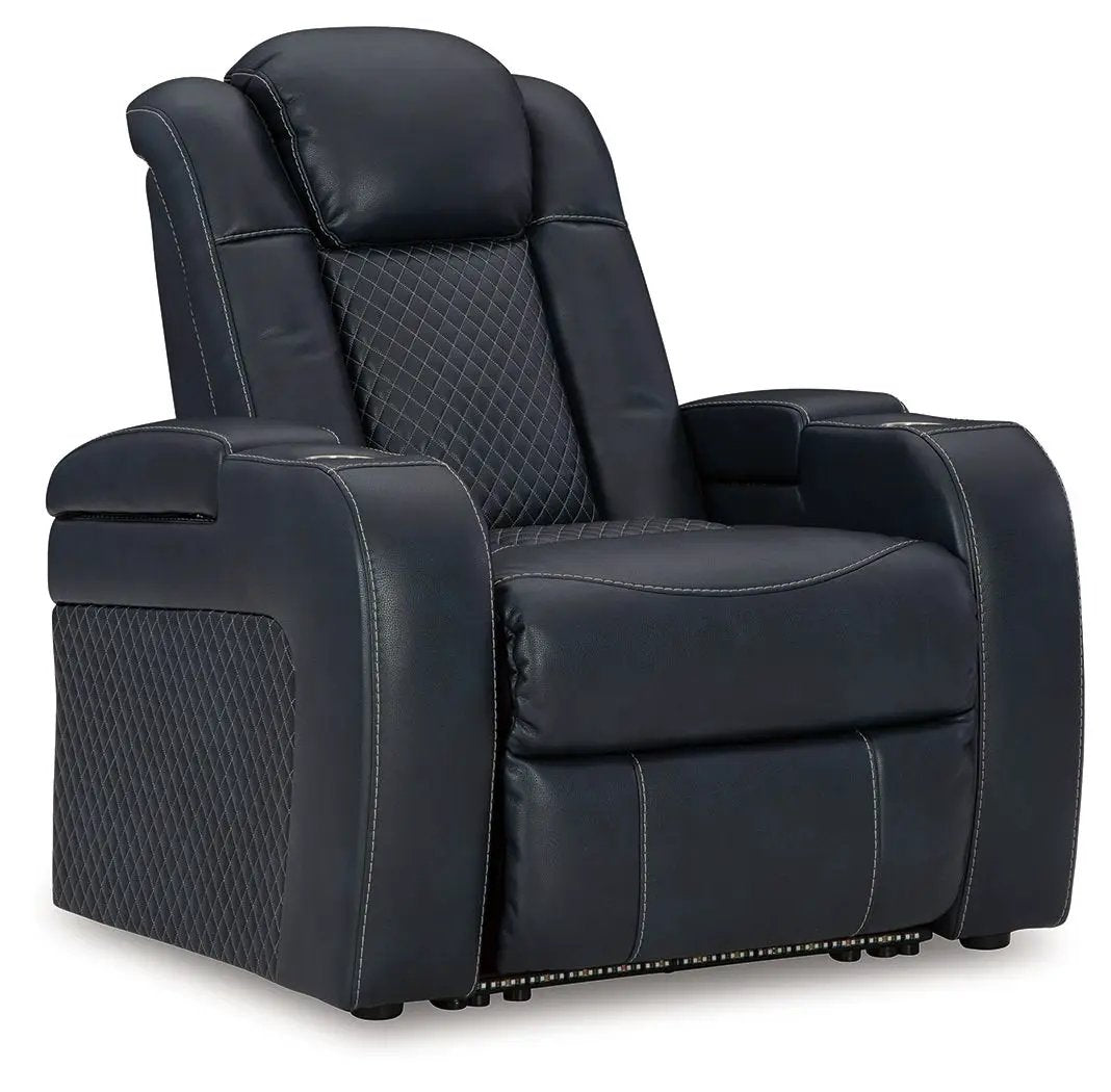 Fyne-dyme power recliner with adjustable headrest in dark navy leather and stitched panels on Tampa Home & Garden Store