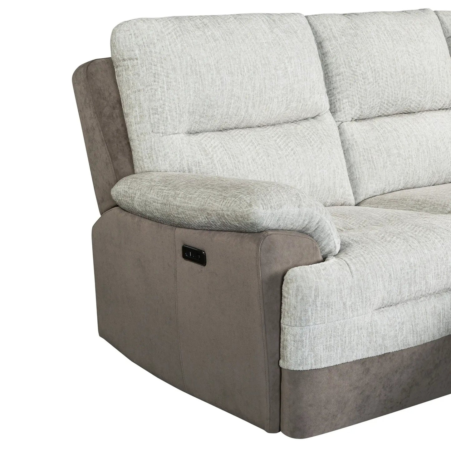 Kia sectional with power and USB, beige cream upholstery over brown base, reclining on Tampa Home & Garden Store