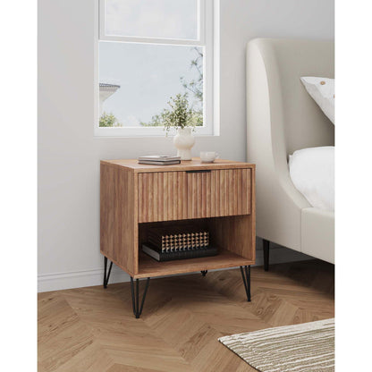 Modern nightstand in natural wood with fluted front drawer and metal legs HouseOfZazla on Tampa Home & Garden Store