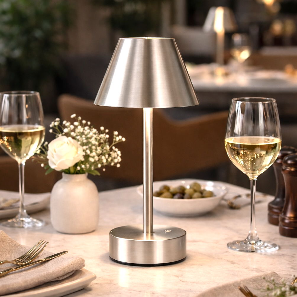 Elegance Rechargeable LED Table Lamp with brushed nickel finish and LED touch switch on Tampa Home & Garden Store