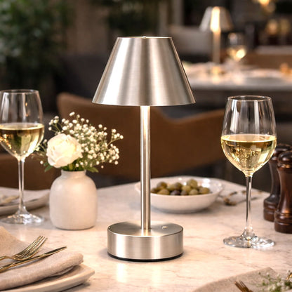 Elegance Rechargeable LED Table Lamp with brushed nickel finish and LED touch switch on Tampa Home & Garden Store