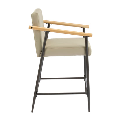 Counter stool mid-century modern with khaki cushion, light wood armrests, black metal frame on Tampa Home & Garden Store