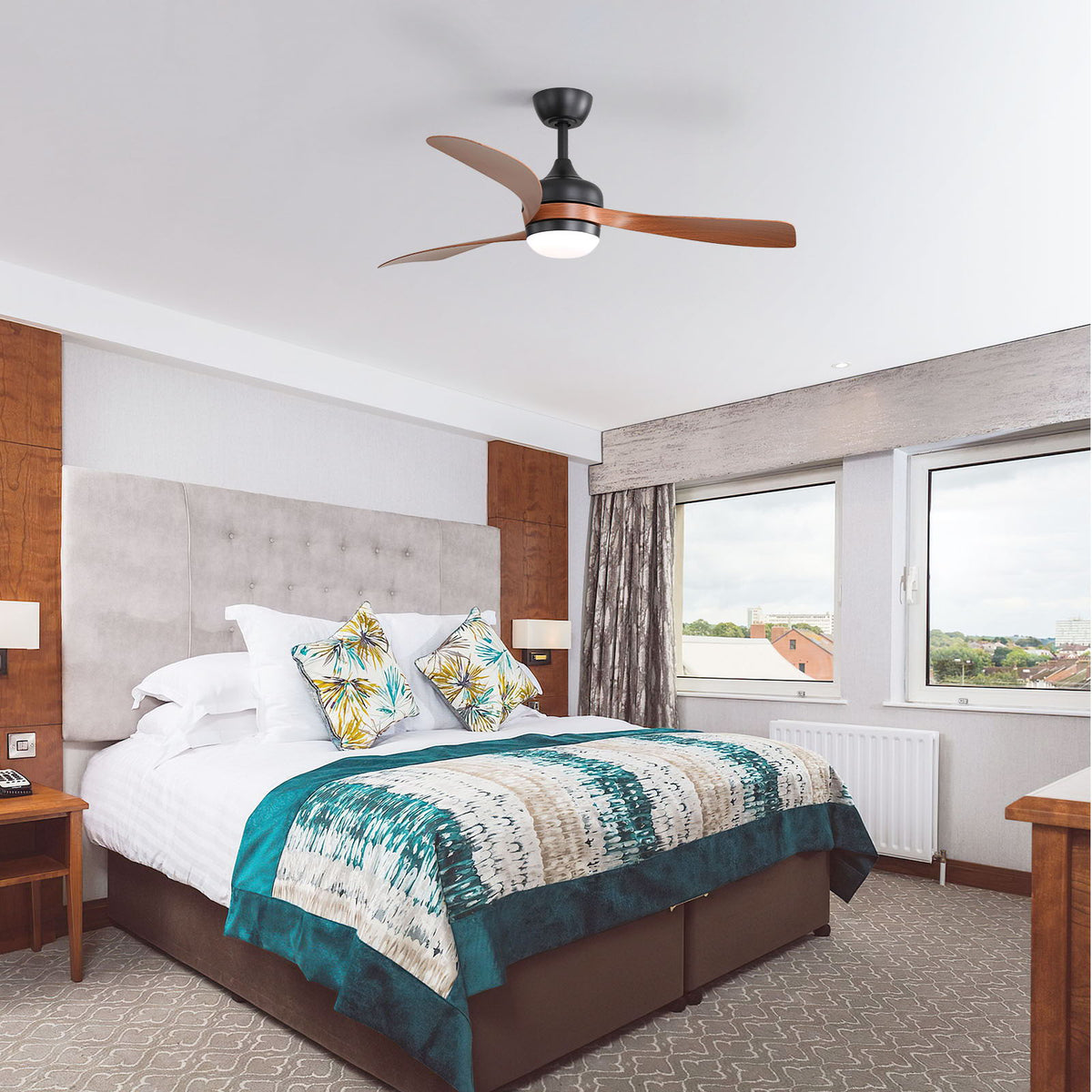Ceiling fan with reversible DC motor and remote, dark brown wood blades on Tampa Home & Garden Store