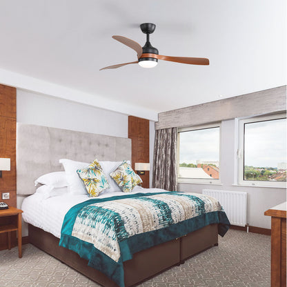 Ceiling fan with reversible DC motor and remote, dark brown wood blades on Tampa Home & Garden Store