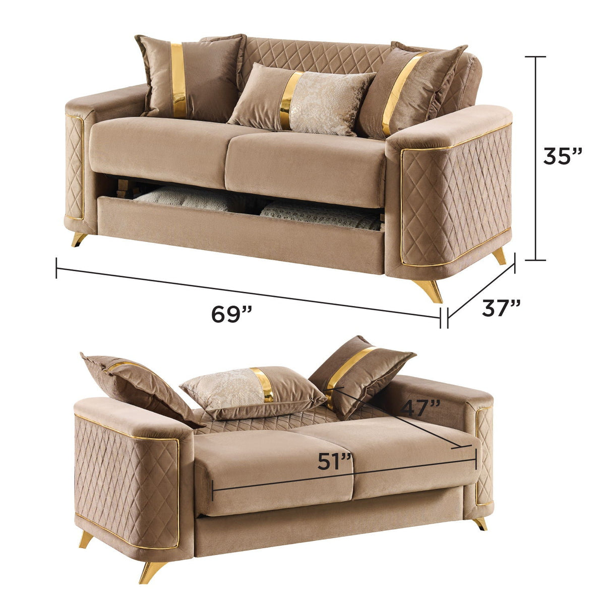 Upholstered beige sofa with gold-tone legs and diamond quilted sides; drawer included on Tampa Home & Garden Store