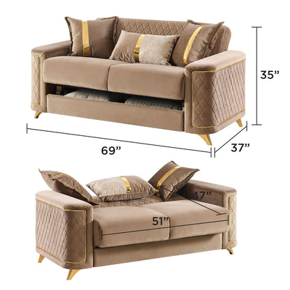 Upholstered beige sofa with gold-tone legs and diamond quilted sides; drawer included on Tampa Home & Garden Store