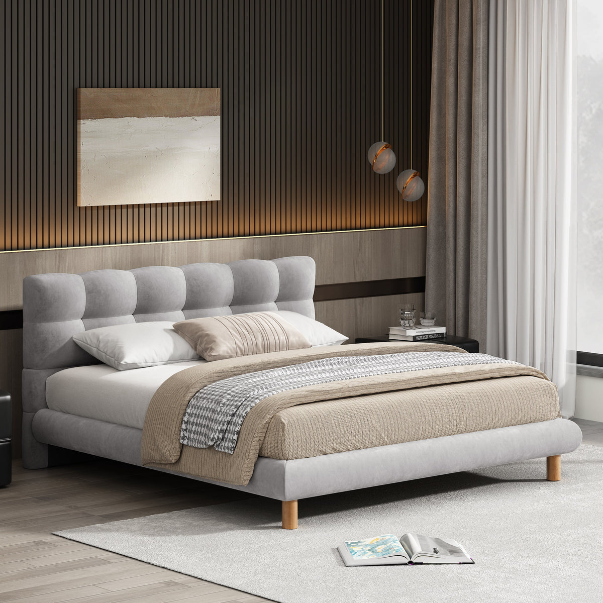 Queen Upholstered Platform Bed with Wood Slats