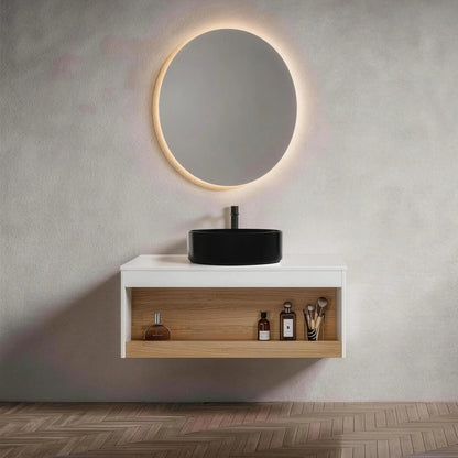 Floating bathroom vanity with white frame and wood drawer, glossy black round vessel sink on Tampa Home & Garden Store