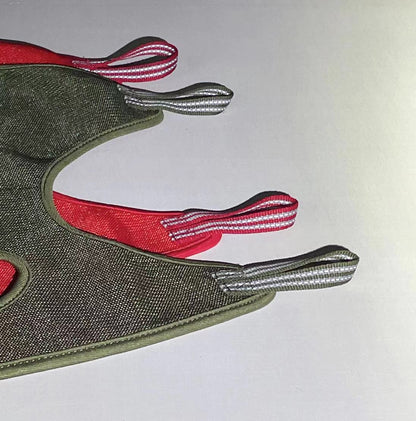 Pet Zen nail trimming hammock for small and medium cats and dogs, olive green with red accents on Tampa Home & Garden Store