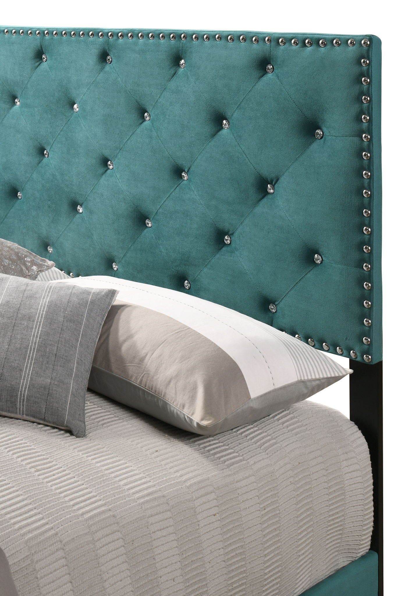 Luxurious teal velvet upholstered bed with diamond tufting and crystal buttons on Tampa Home & Garden Store
