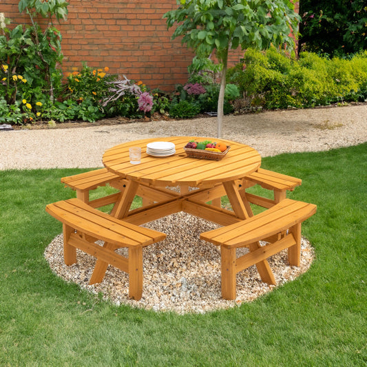 6-Person Circular Outdoor Wooden Picnic Table for Patio, Backyard, Garden, DIY w/ 3 Built-in Benches, 1720lb Capacity - Natural - Tampa Home & Garden Store