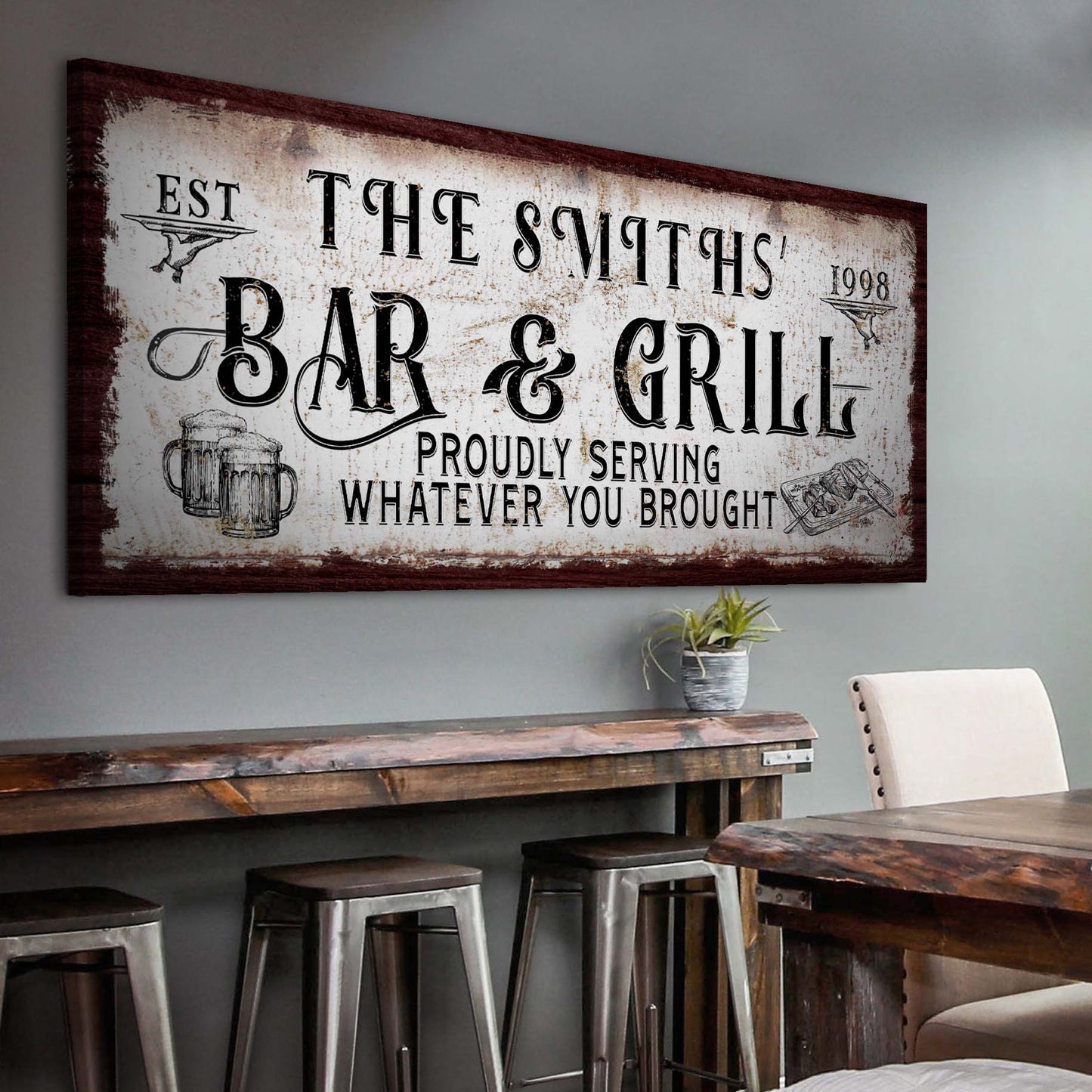 Personalized bar and grill canvas sign with rustic distressed border on Tampa Home & Garden Store