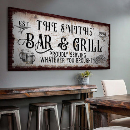 Personalized bar and grill canvas sign with rustic distressed border on Tampa Home & Garden Store