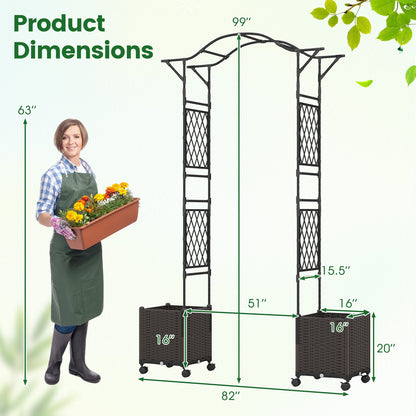 82 x 99 Inch Garden Arch Trellis with 2 Self-Watering Planter Boxes Wheels-Black