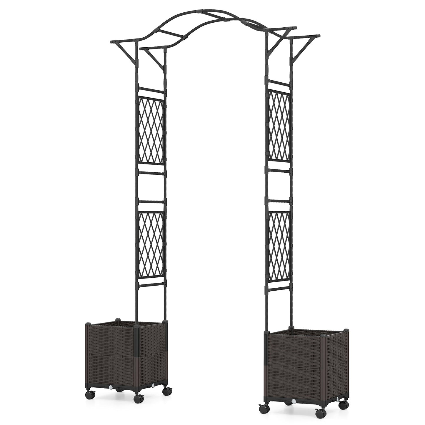 82 x 99 Inch Garden Arch Trellis with 2 Self-Watering Planter Boxes Wheels-Black