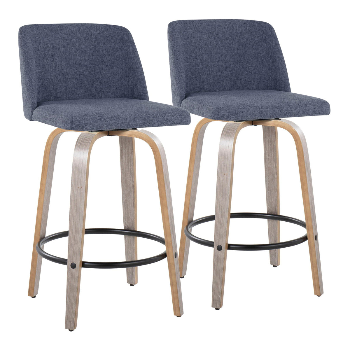 Toriano Counter Stool 2-pack, blue fabric, wood legs and black footrest on Tampa Home & Garden Store