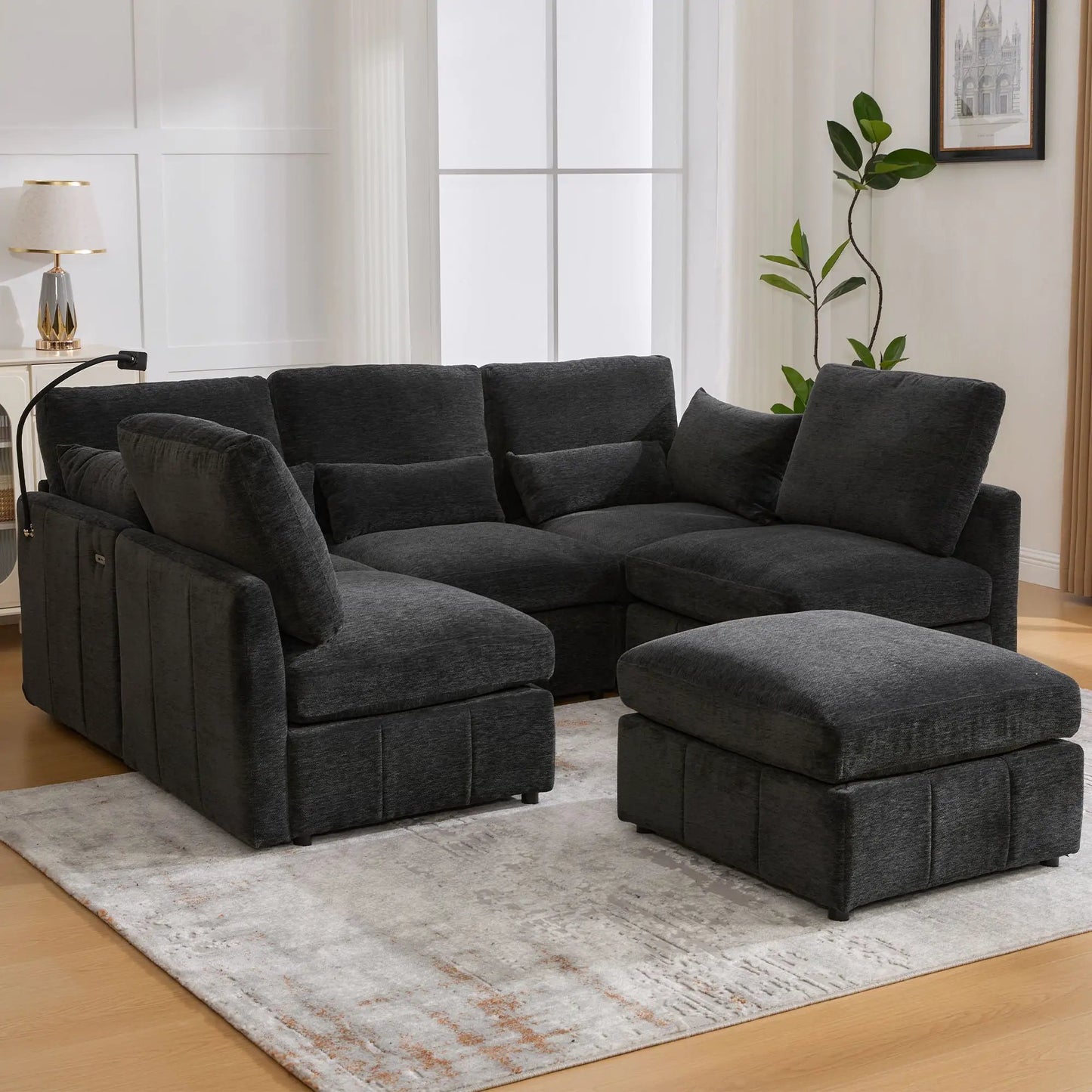 Modern modular U-shaped sofa bed with movable ottoman in dark gray fabric, 2pc living set on Tampa Home & Garden Store
