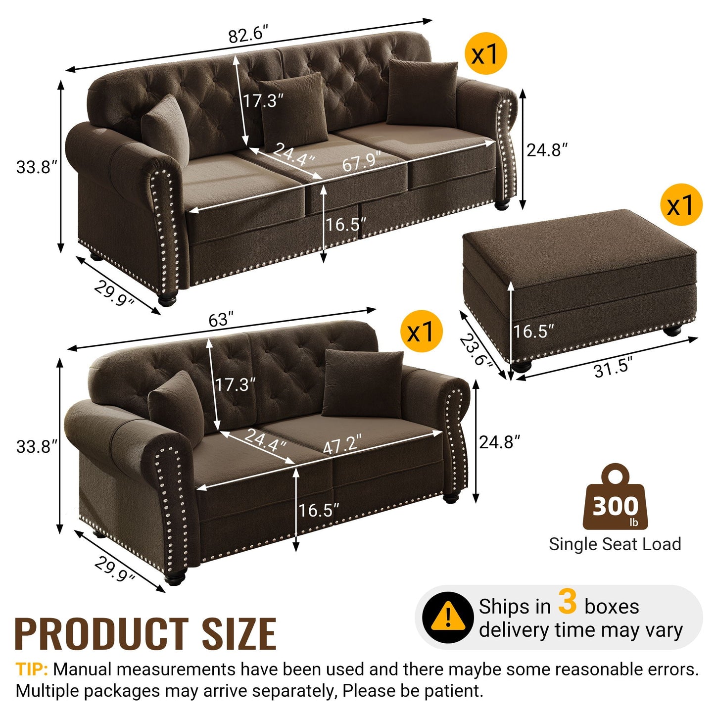 Upholstered Sofa Set with Nailhead and Pillows