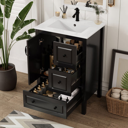 Retro bathroom vanity with ceramic sink, black cabinet and white top, soft-closing drawers on Tampa Home & Garden Store