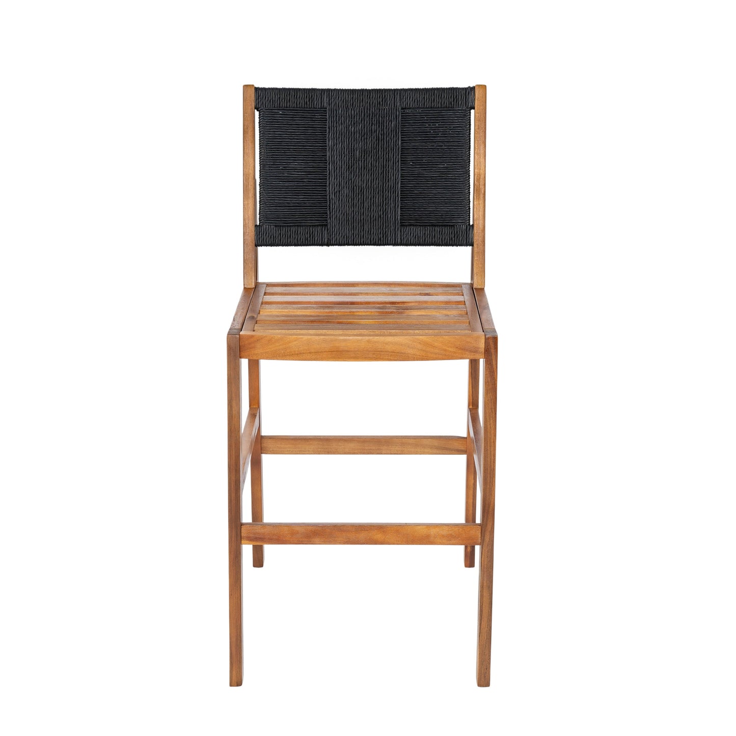 Arly black outdoor bar stool with solid acacia wood frame and woven wicker back on Tampa Home & Garden Store