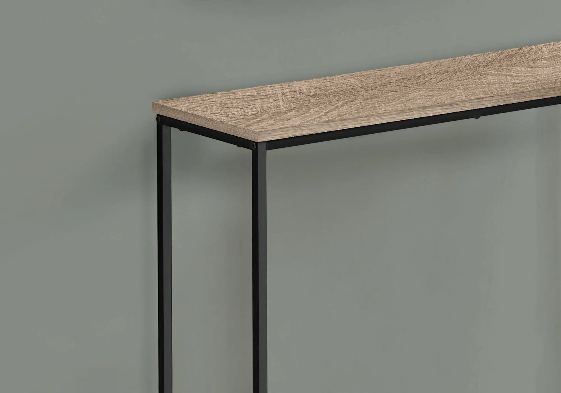 Accent console table with oak-textured wood top and black metal frame, modern entryway style on Tampa Home & Garden Store
